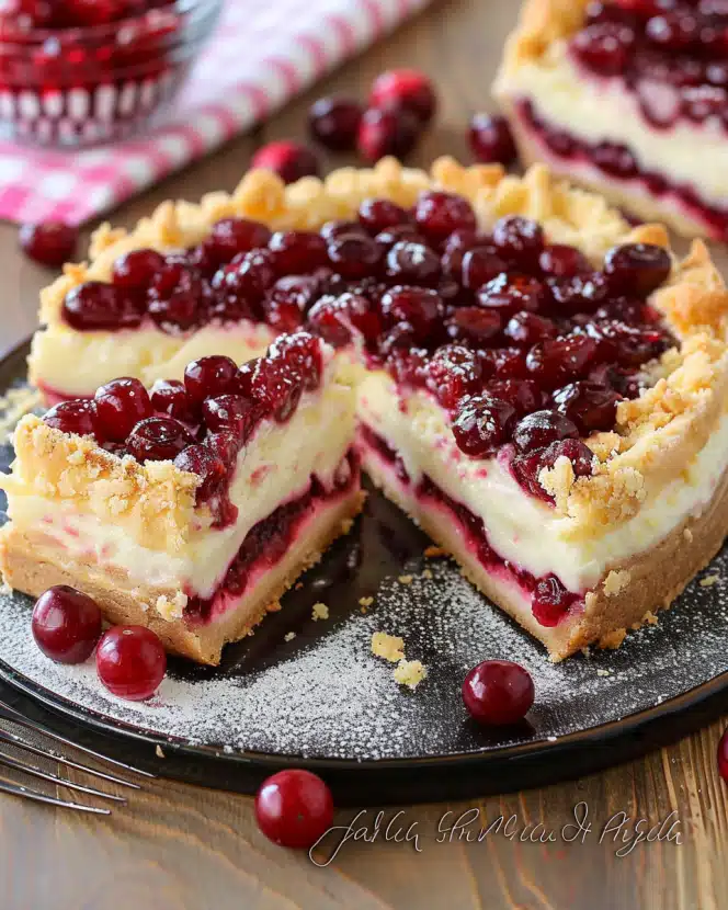 Saftiger Käsekuchen mit Kirschen und Streuseln