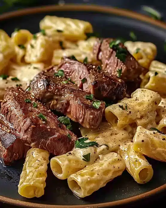 Cremiges Parmesan-Rindfleisch mit Rigatoni Pasta