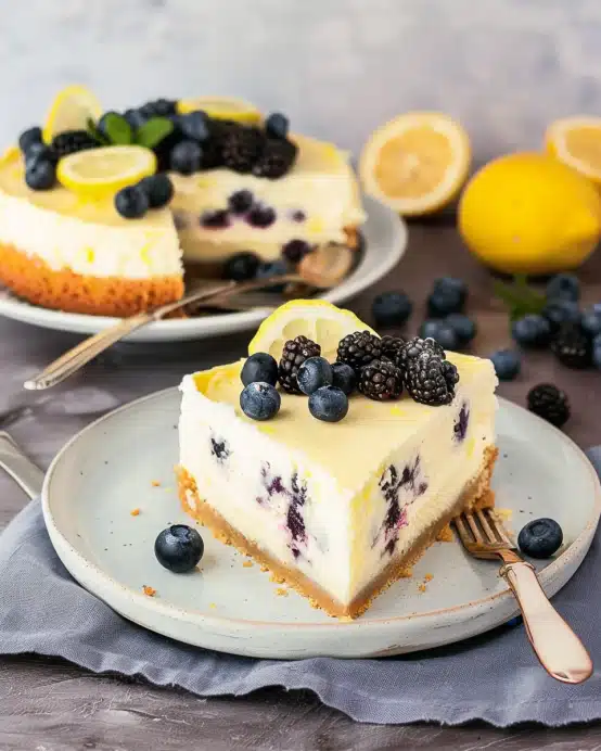 Zitronen-Blaubeer-Kuchen mit Cheesecake-Guss aus