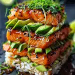 Teriyaki Lachs Avocado Reis Stapel