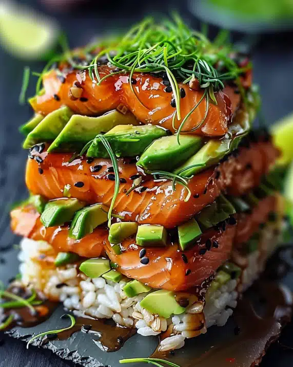 Teriyaki Lachs Avocado Reis Stapel