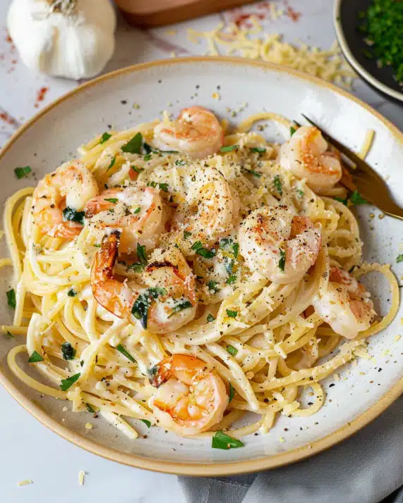 Spaghetti mit Garnelen in cremiger Alfredo Sauce