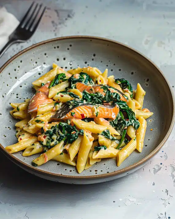 Lachs Penne mit Spinat