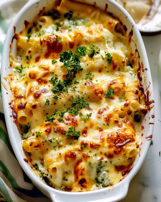 Brokkoli Hähnchen Auflauf mit Frischkäse und Mozzarella