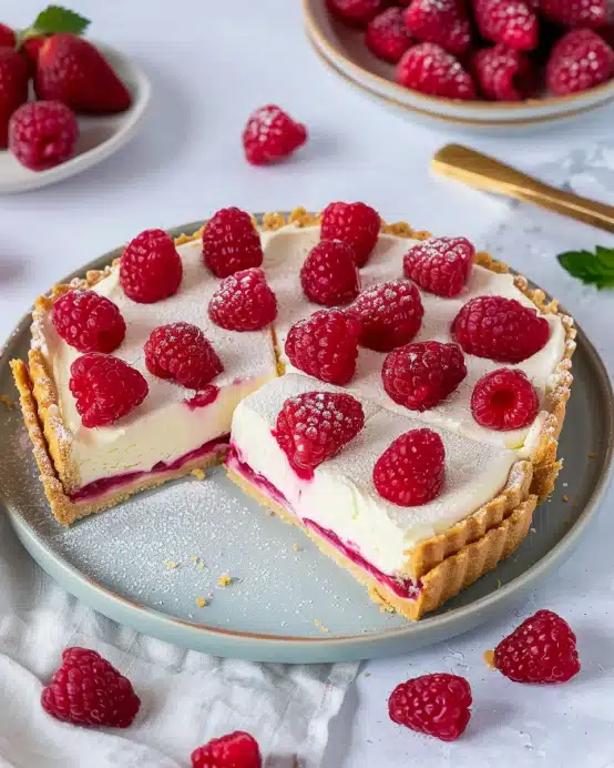 Butterkekskuchen mit Himbeeren und Pudding