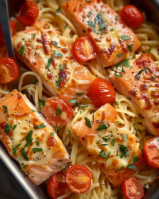 Ofen-Lachs-Pasta mit Tomaten