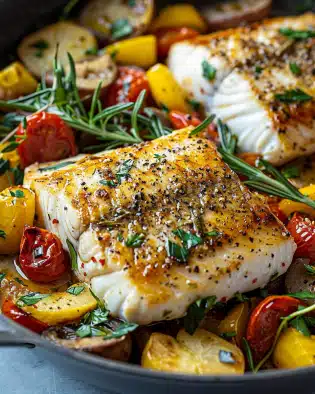 Mediterran gebackene Fischfilets mit Gemüse