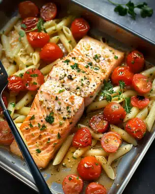 Ofen-Lachs-Pasta mit Tomaten