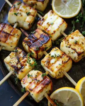 Gegrillte Halloumi-Spieße mit Zitrone und Thymian