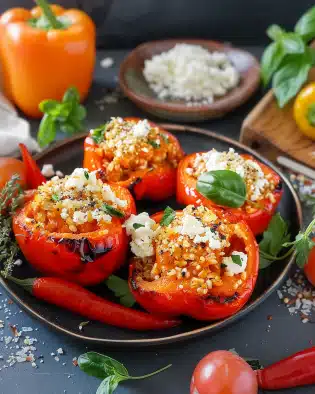 Vegetarisch gefüllte Paprika mit Reis und Feta