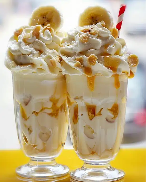 Bananen-Milchshake mit Sahne und Krokant