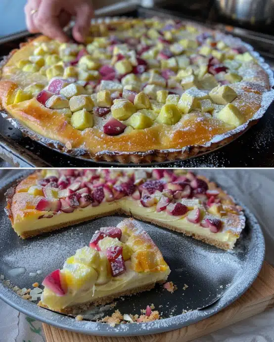 Quark-Rhabarberkuchen mit Vanillepudding