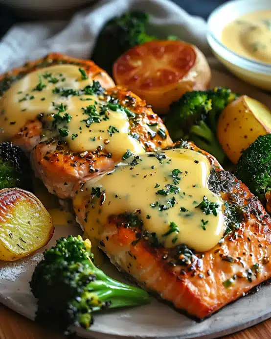 Zitronenbutterlachs mit knusprigen Kartoffeln und Brokkoli