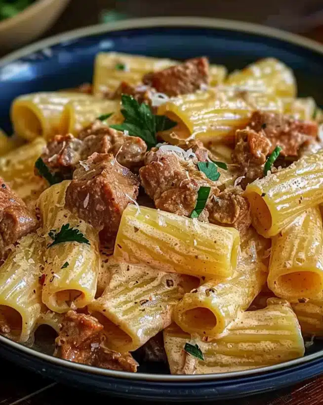 Cremiges Parmesan Rindfleisch mit Rigatoni Pasta