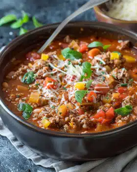 Schnelle Pizzasuppe mit Hackfleisch