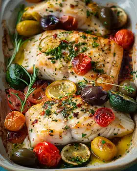 Mediterran gebackene Fischfilets mit Gemüse