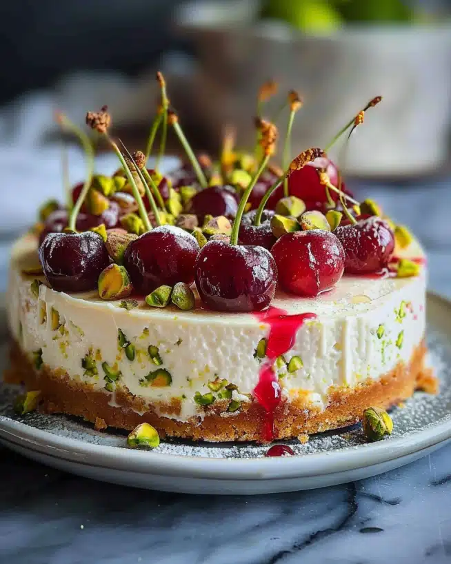 Köstlicher Zitronen-Limetten-Kirsch-Pistazien-Käsekuchen