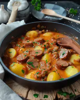 Kartoffelgulasch mit Würstchen