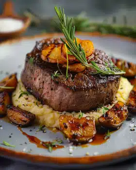 Filetsteak auf Selleriepüree mit Wurzelgemüse