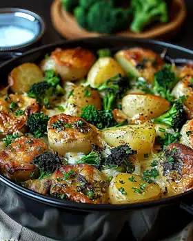 Honig-Knoblauch-Hähnchen mit Brokkoli und Kartoffeln aus dem Ofen