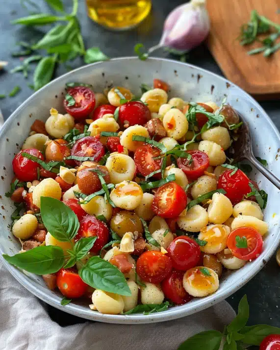 Knuspriger Gnocchi-Salat mit Kirschtomaten, Mozzarella und Rucola