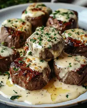 Knoblauchbutter-Steakbissen mit Parmesan-Cremesauce