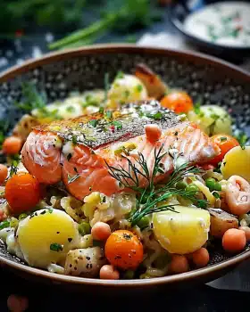 Leckerer russischer Lachs und Kartoffelsalat