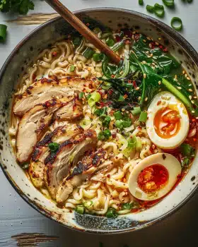 Feuriges Hühnchen Ramen mit cremiger Knoblauchsauce