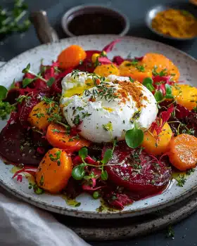 Gerösteter Rote-Bete-und-Karotten-Salat mit Burrata