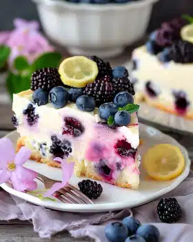 Zitronen-Blaubeer-Kuchen mit Cheesecake-Guss