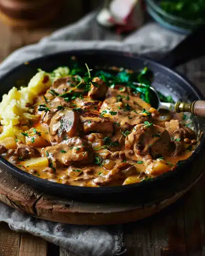 Bœuf Stroganoff mit Kartoffelpuffer