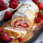 Ofenpfannkuchenrolle gefüllt mit Erdbeercreme 2 Ofenpfannkuchenrolle gefüllt mit Erdbeercreme