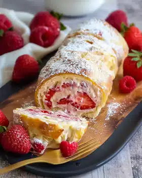 Ofenpfannkuchenrolle gefüllt mit Erdbeercreme